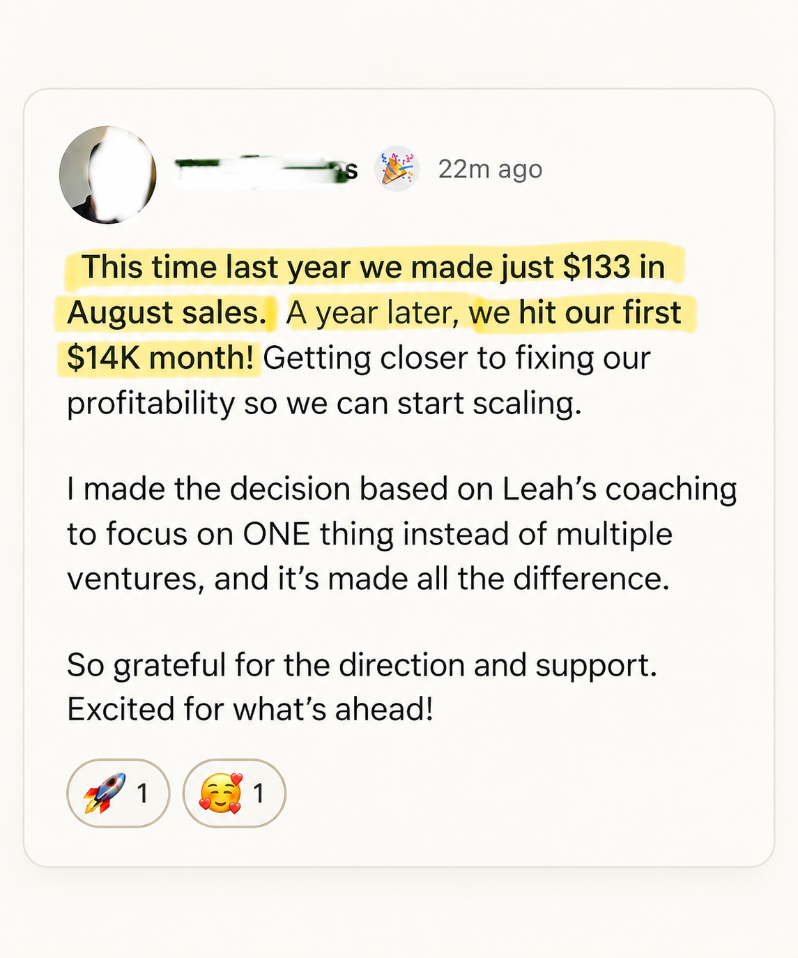 Client result after two months in Legacy Launchpad